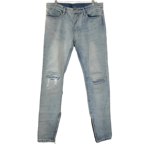 MNML Lightwash Distressed Button Fly Jeans Ankle Zip Denim Size 34x34 - Picture 1 of 12